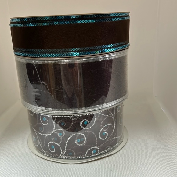 Bundle of 3 Rolls of Wired Ribbon Chocolate Brown/Turquoise/Silver - Picture 2 of 11